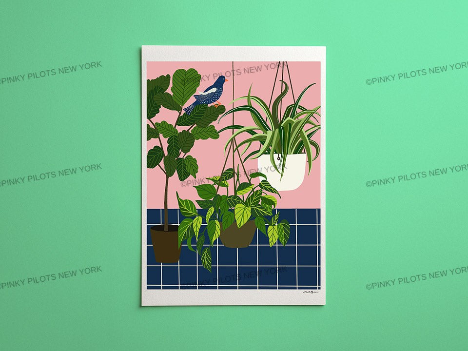 Blue bird and plants Art print/plants print