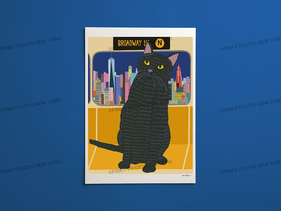 Cat on the Subway /black Cat art print/cat illustration