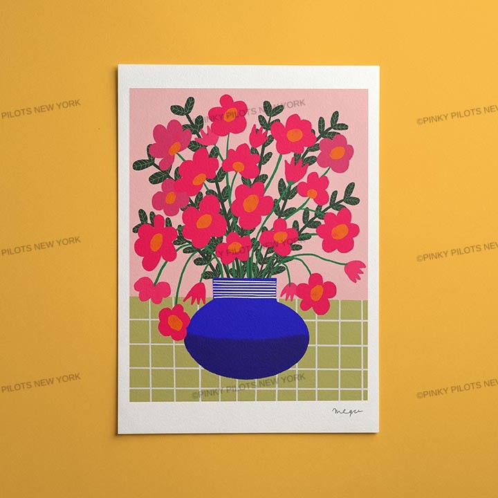Abstract pink Flowers Print /Floral Vase Illustration/Abstract Floral Print