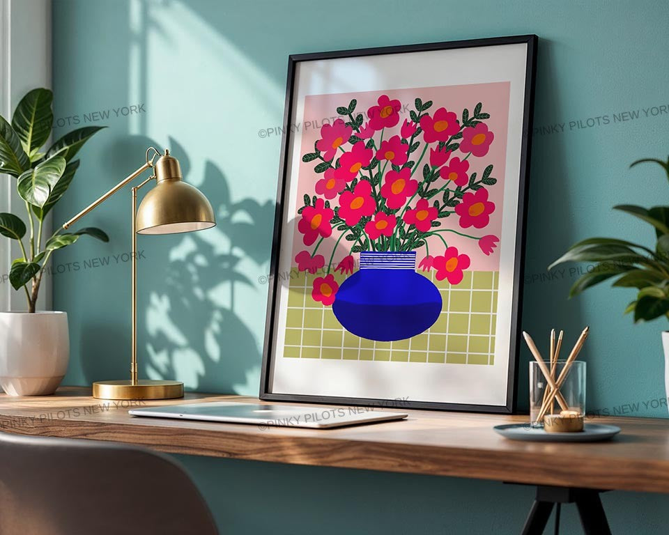 Abstract pink Flowers Print /Floral Vase Illustration/Abstract Floral Print