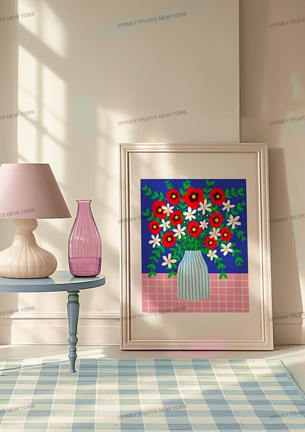 Abstract Red Flowers Print /Floral Vase Illustration/Abstract Floral Print