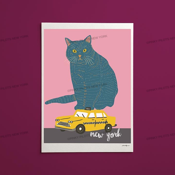 Cat On the Taxi Art print/cat illustration /cat print wall art/cat on the  taxi/cat art