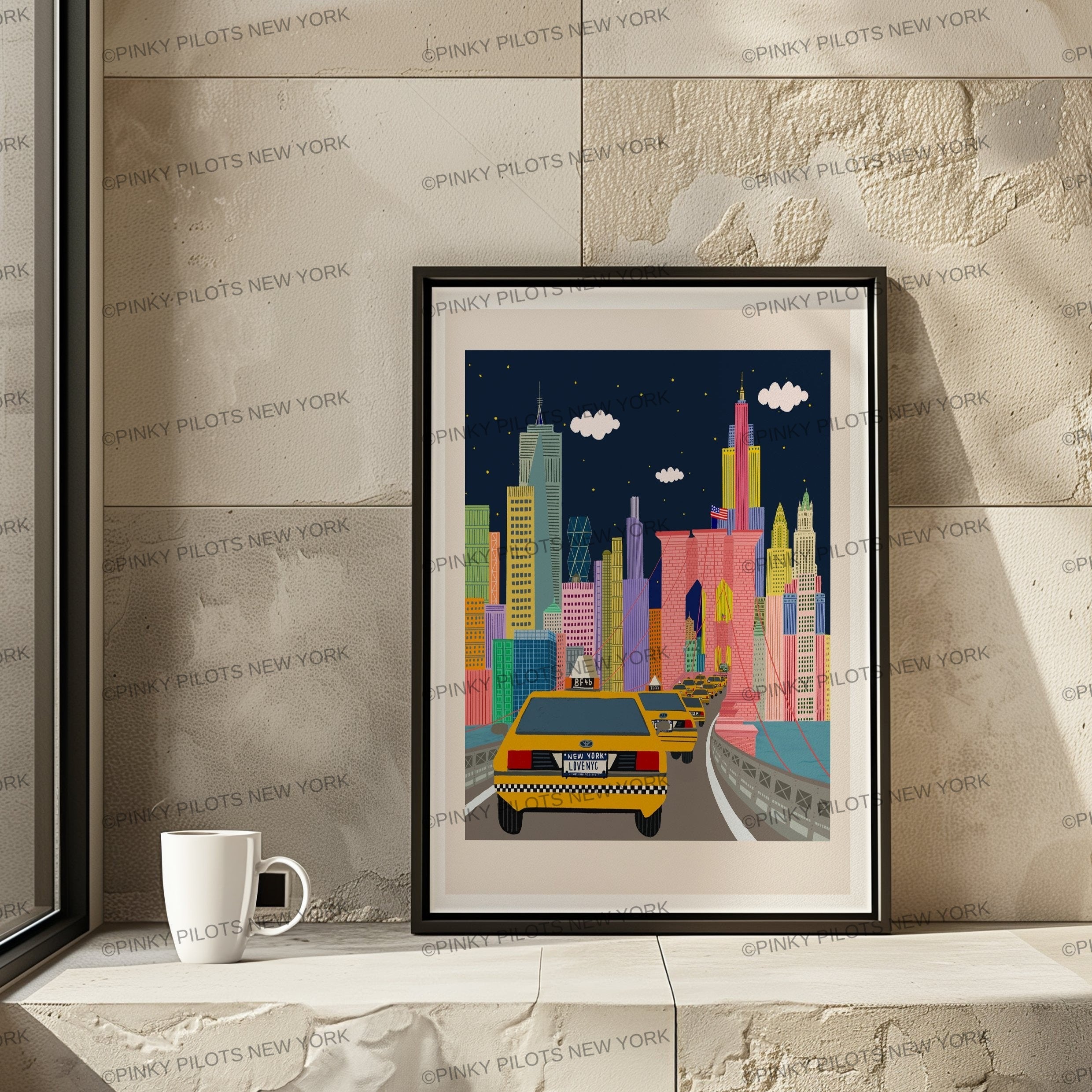 NYC TAXI Art print / Brooklyn brige art print/New York illustration