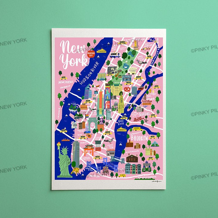 PINKY'S NYC MAP/NYC Map art print/New York illustration