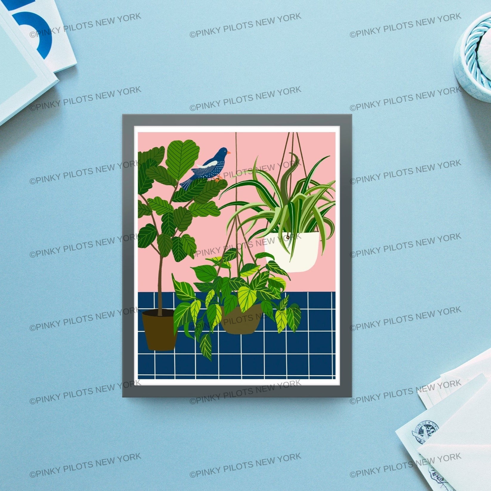 Blue bird and plants Art print/plants print