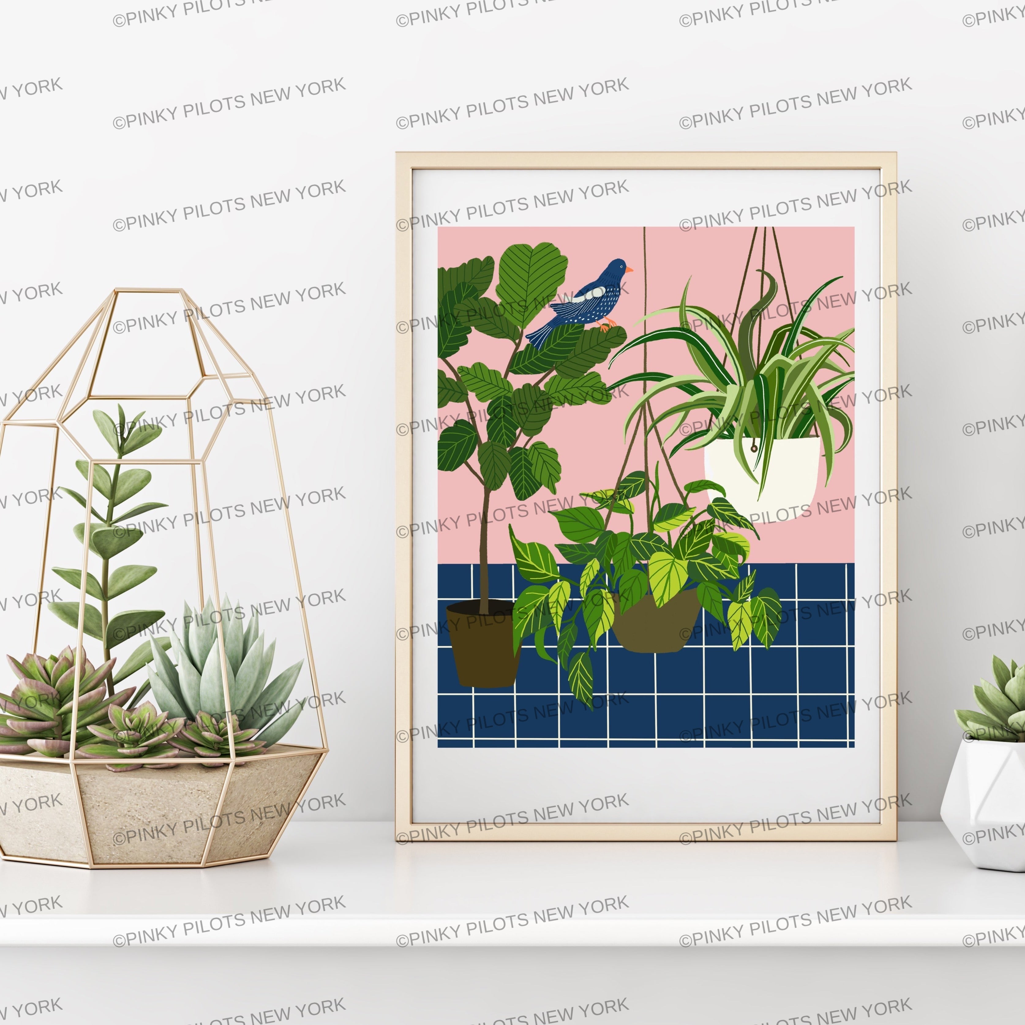 Blue bird and plants Art print/plants print
