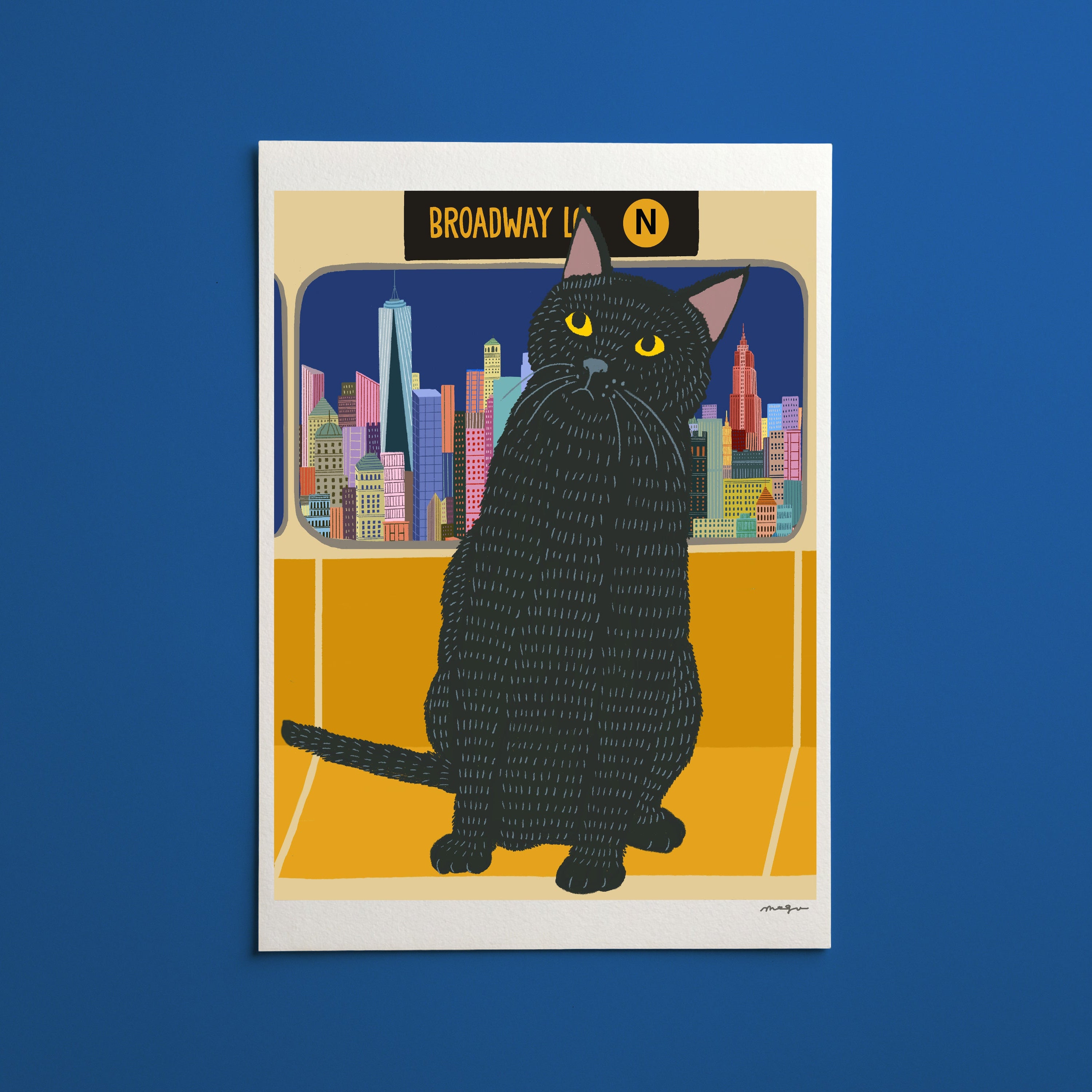 Cat on the Subway /black Cat art print/cat illustration