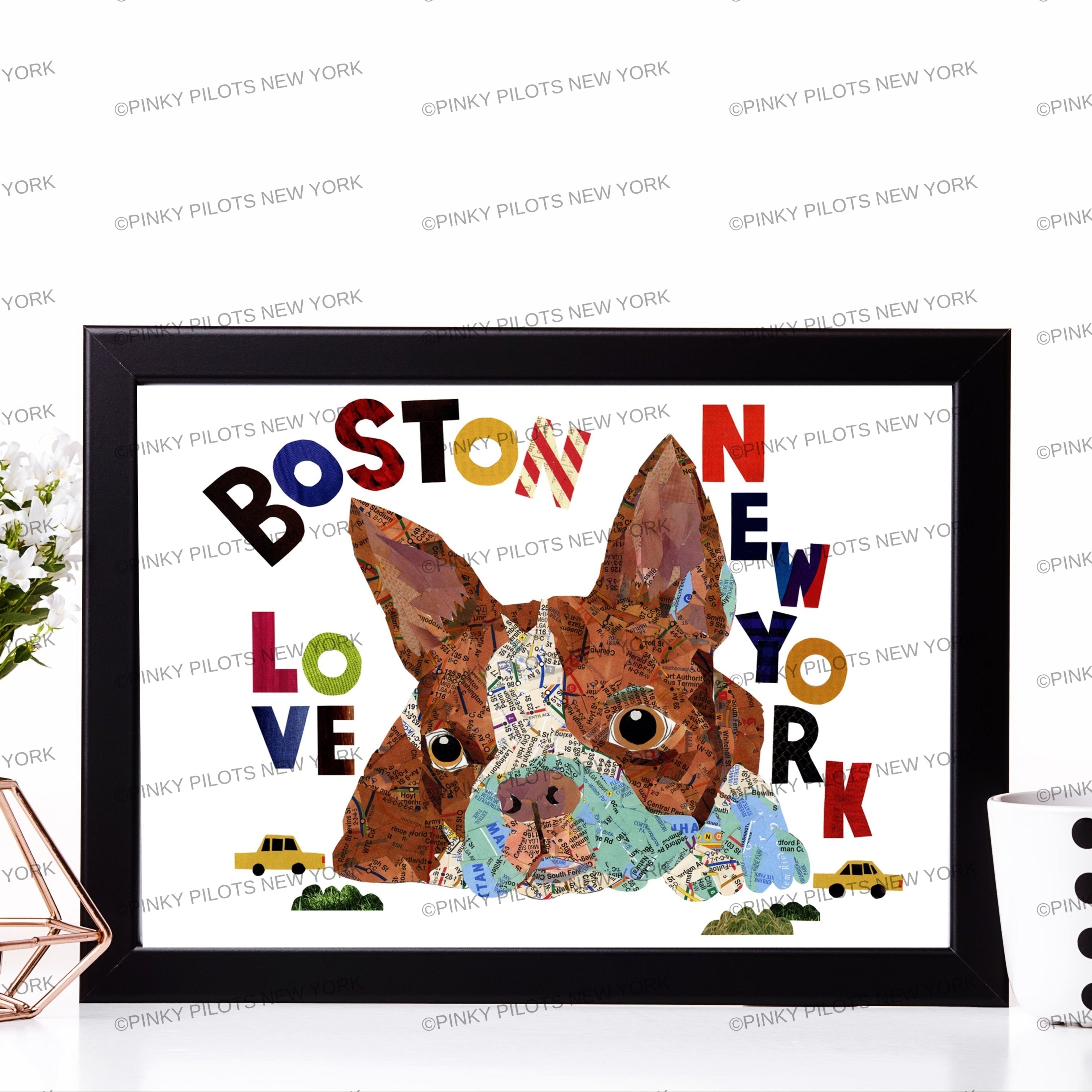 Map dog BOSTON TERRIER brown Art print