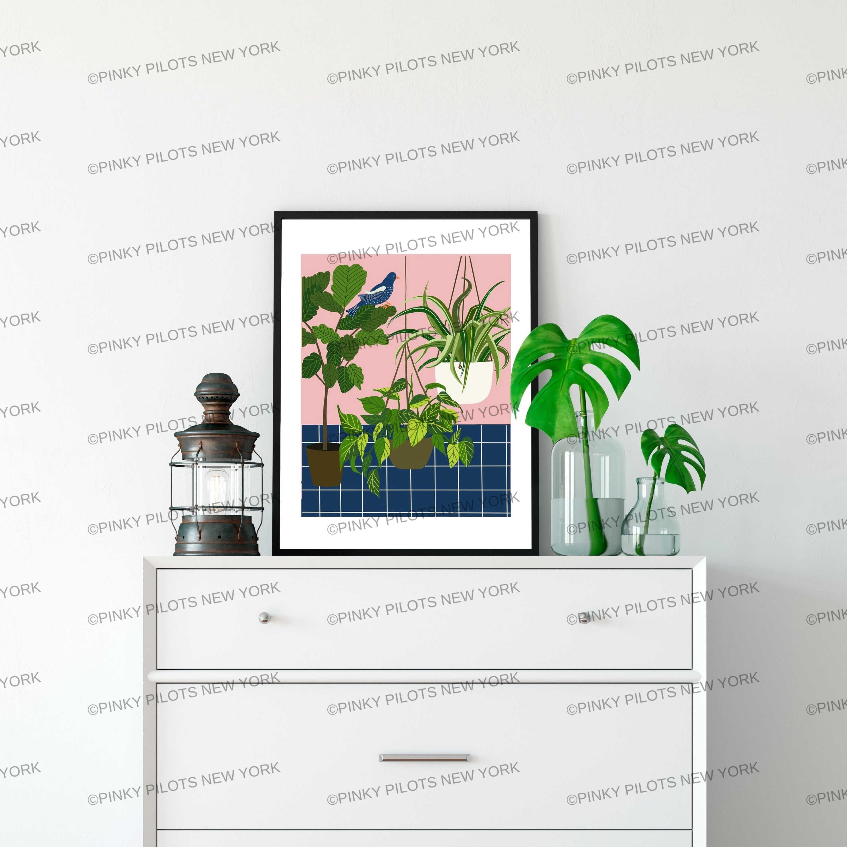 Blue bird and plants Art print/plants print