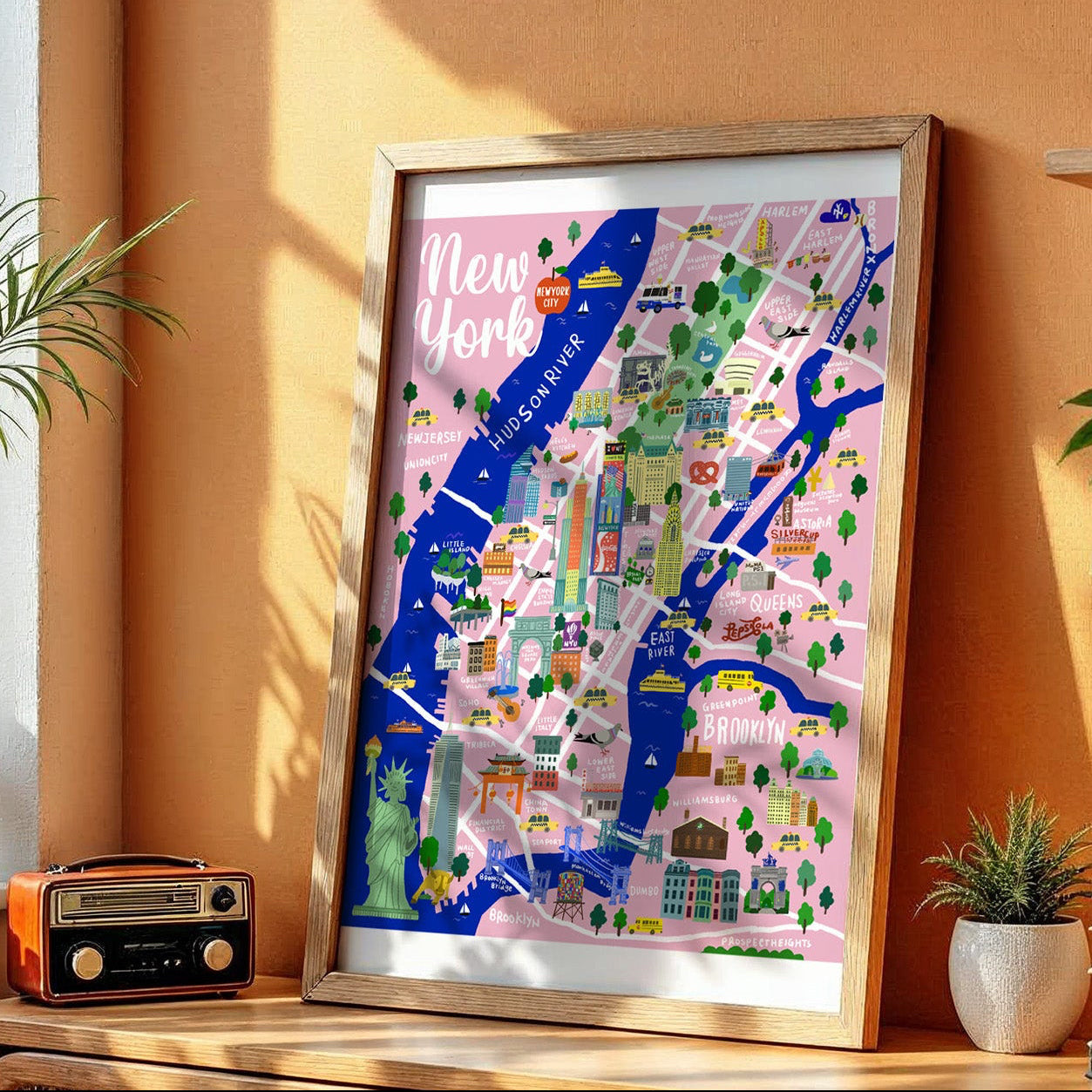 PINKY NYC MAP/NYC Map art print/New York illustration