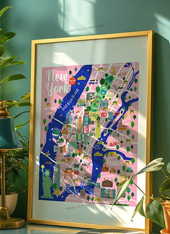 PINKY'S NYC MAP/NYC Map art print/New York illustration