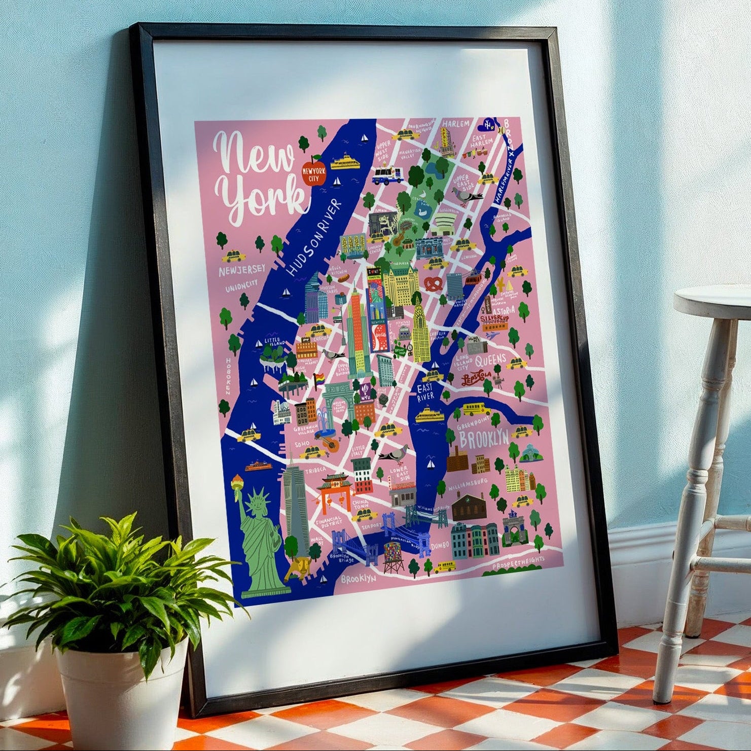 PINKY NYC MAP/NYC Map art print/New York illustration