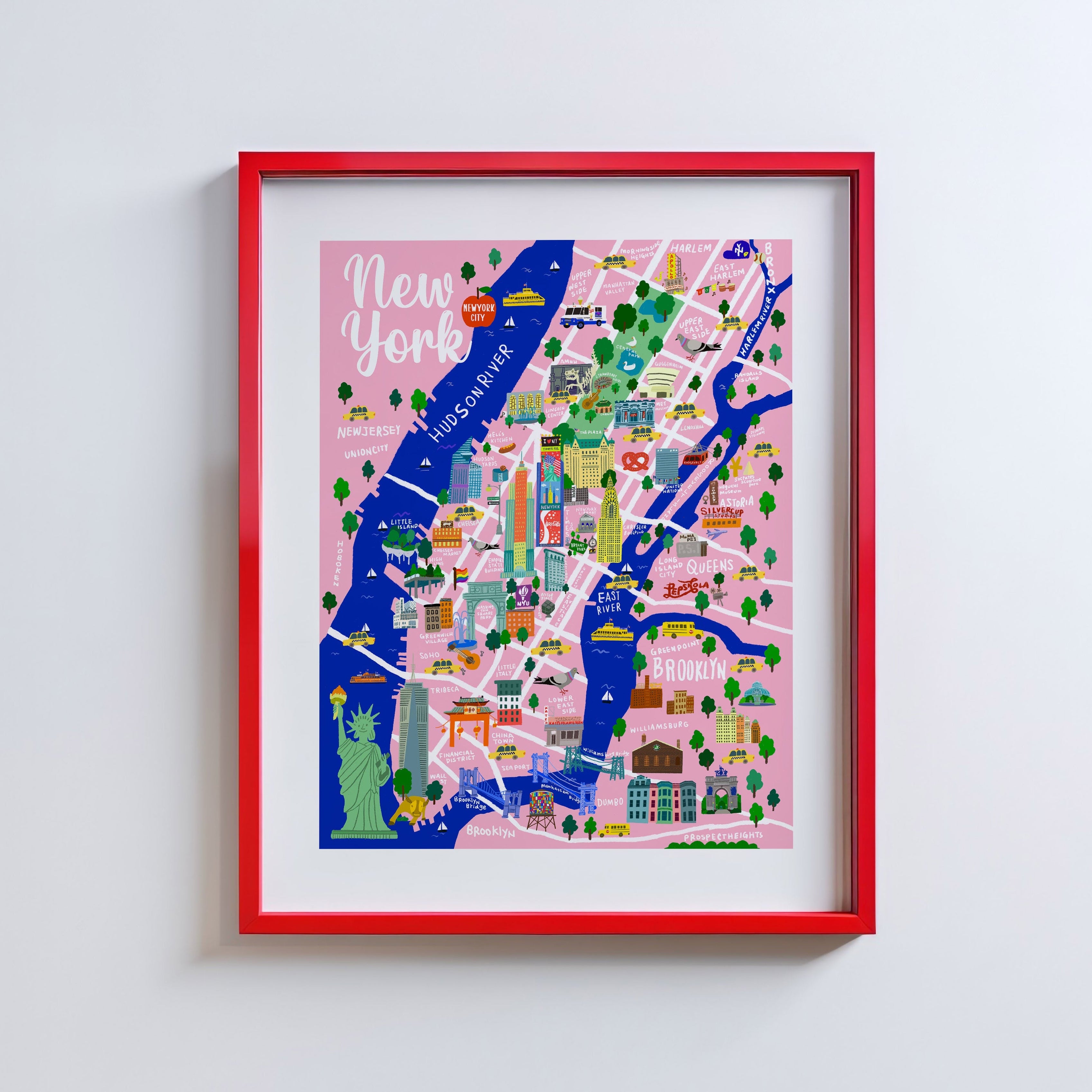 PINKY NYC MAP/NYC Map art print/New York illustration