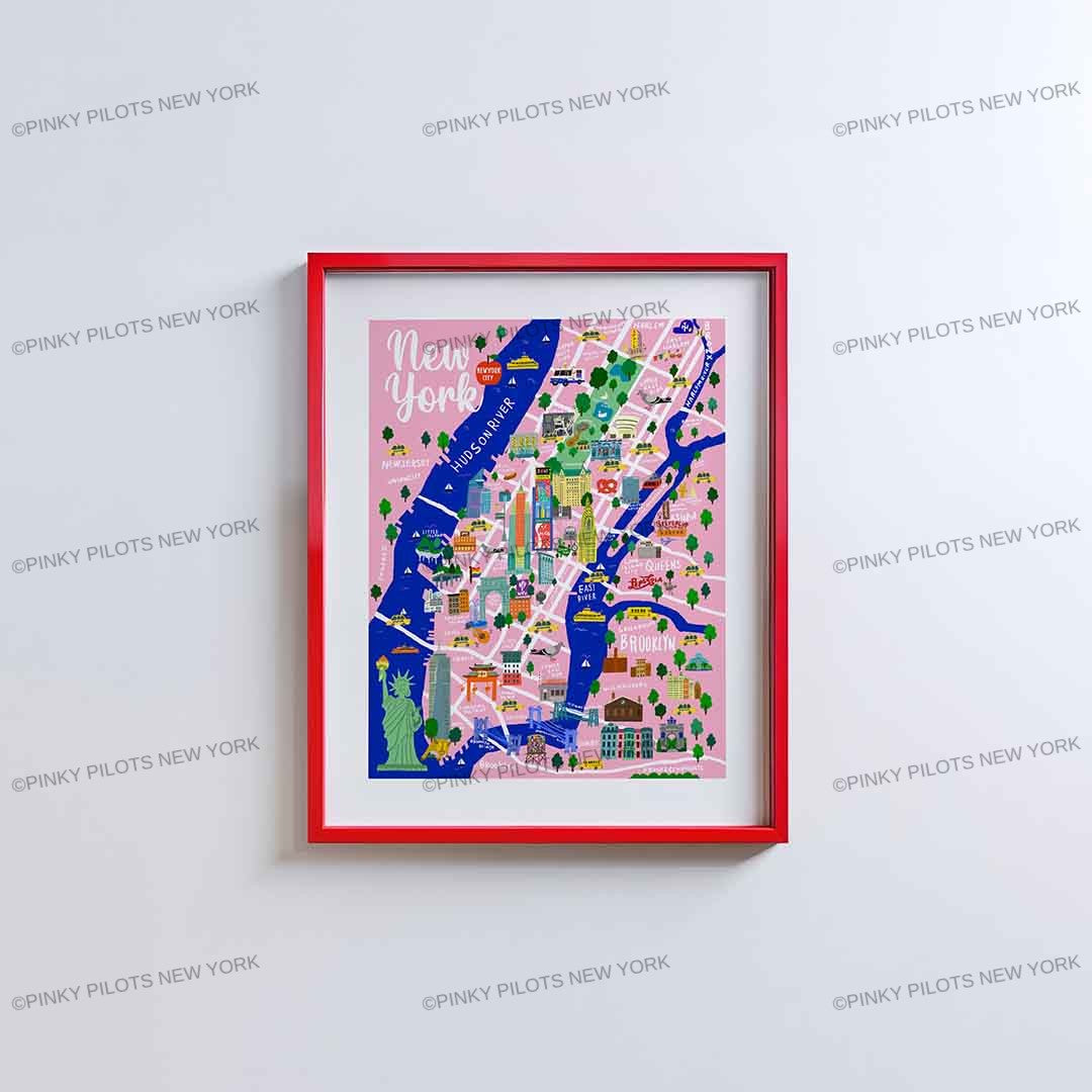 PINKY'S NYC MAP/NYC Map art print/New York illustration