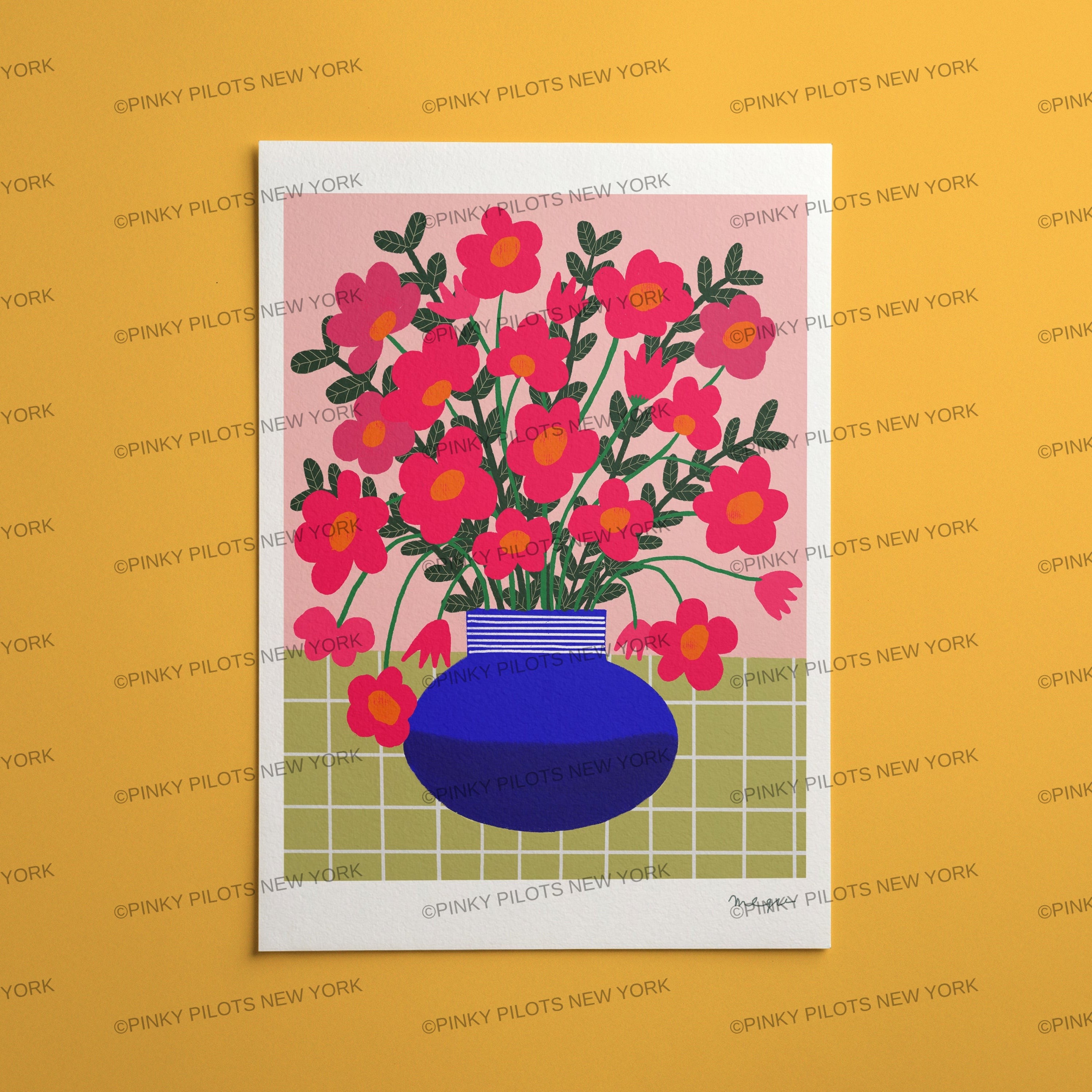 Abstract pink Flowers Print /Floral Vase Illustration/Abstract Floral Print