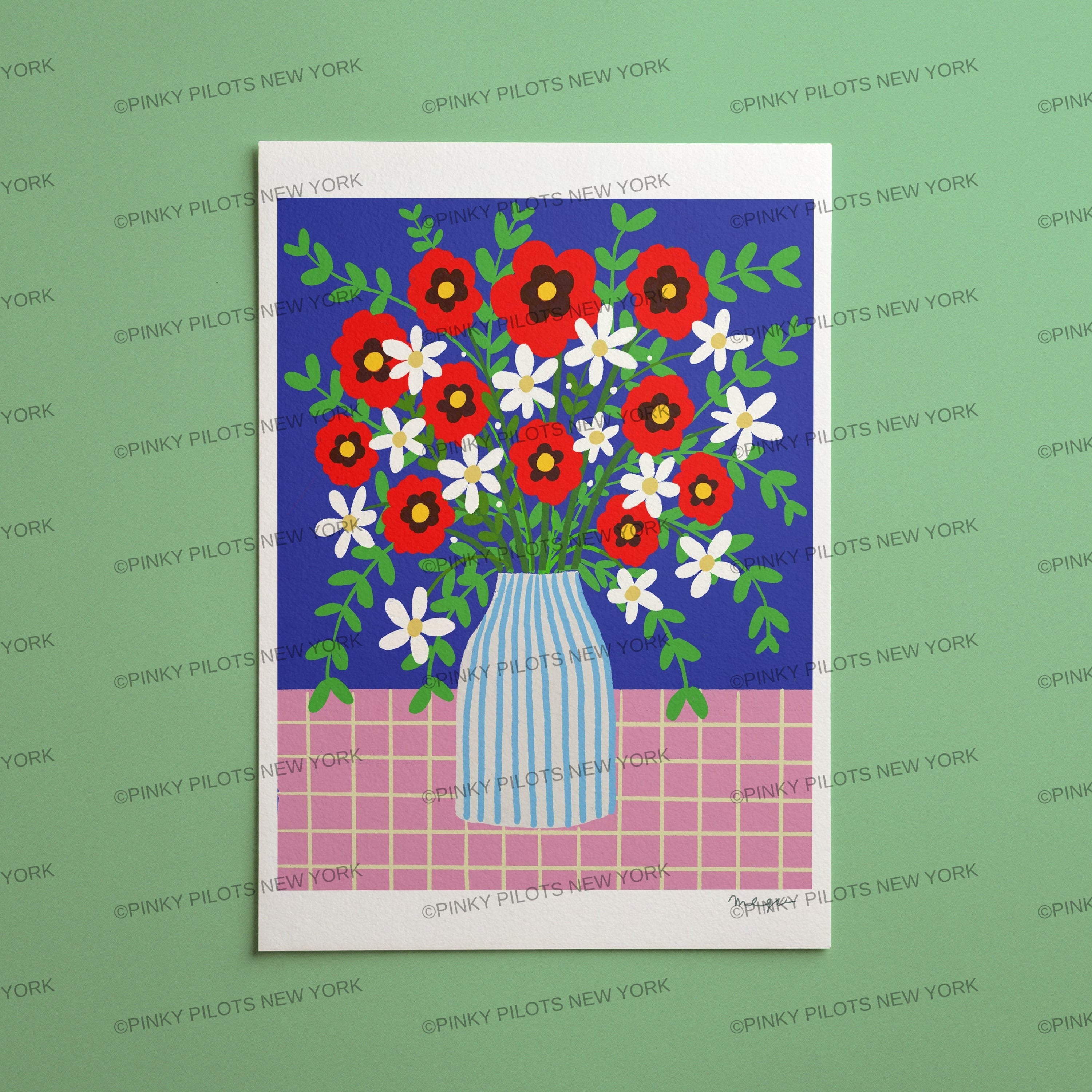 Abstract Red Flowers Print /Floral Vase Illustration/Abstract Floral Print