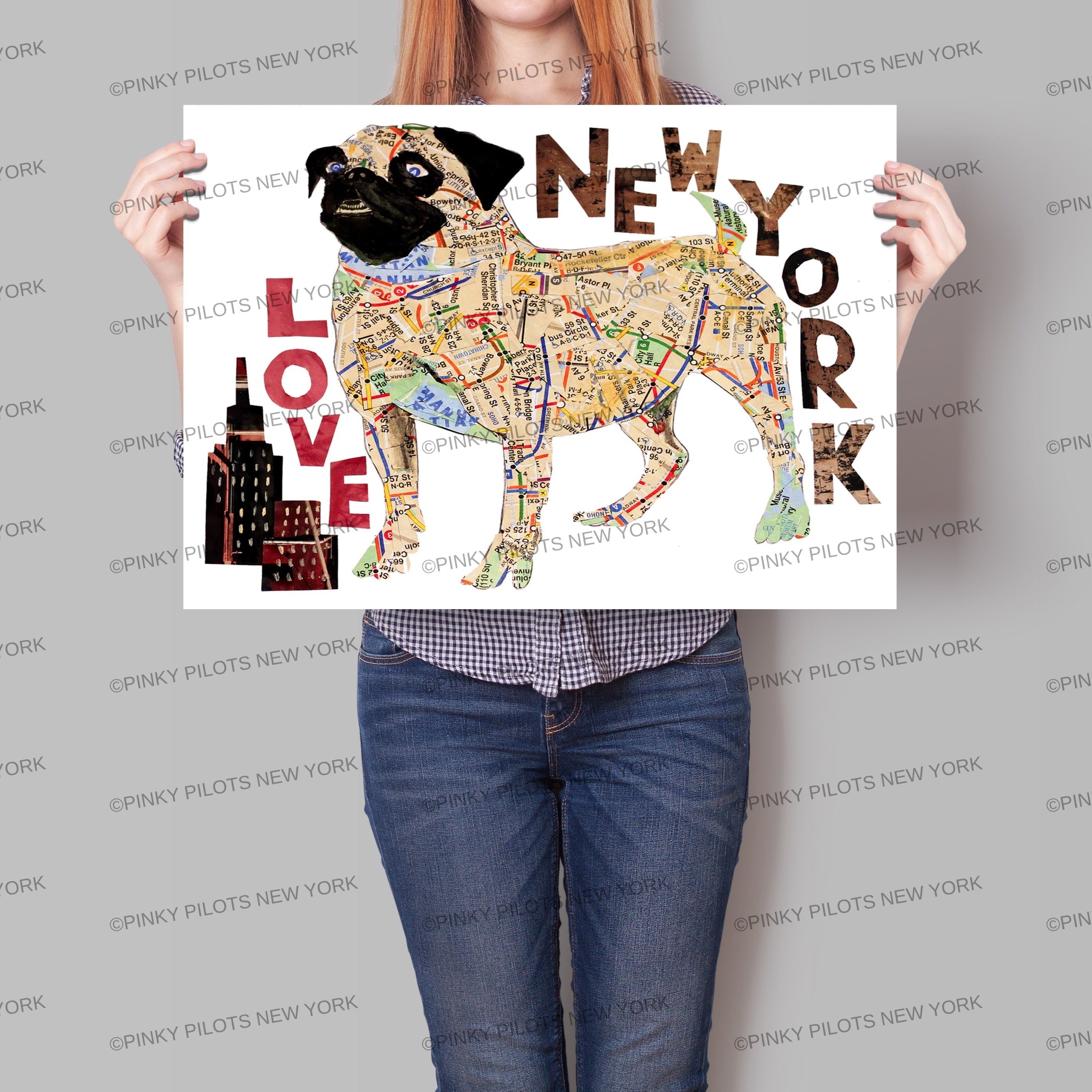 Map dog love Pug/ Pug dog Art