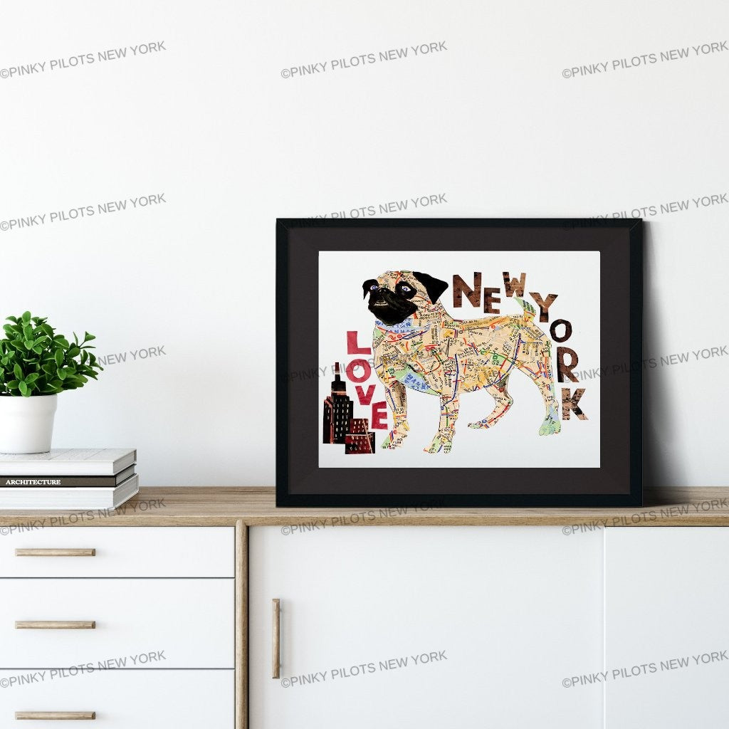 Map dog love Pug/ Pug dog Art