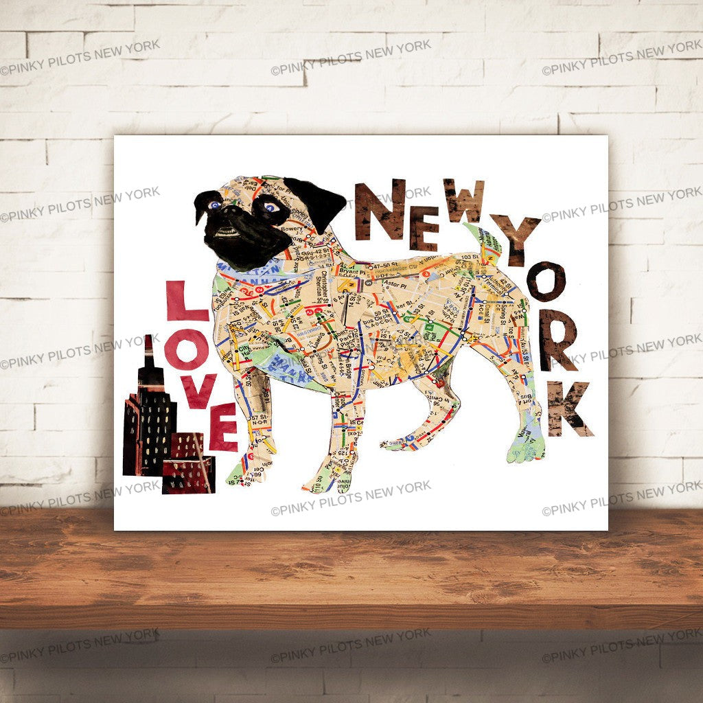 Map dog love Pug/ Pug dog Art