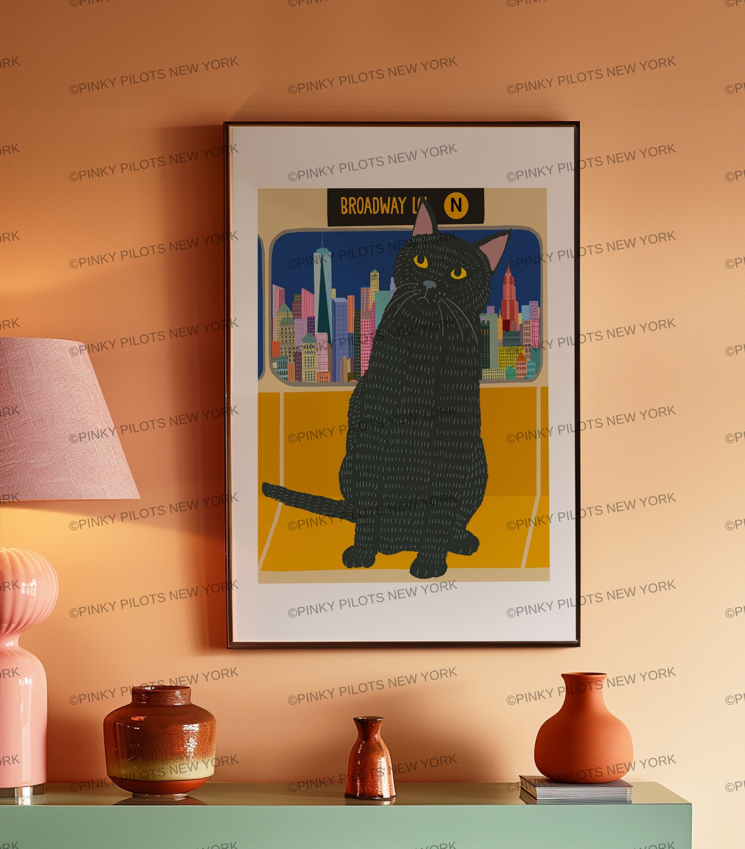 Cat on the Subway /black Cat art print/cat illustration