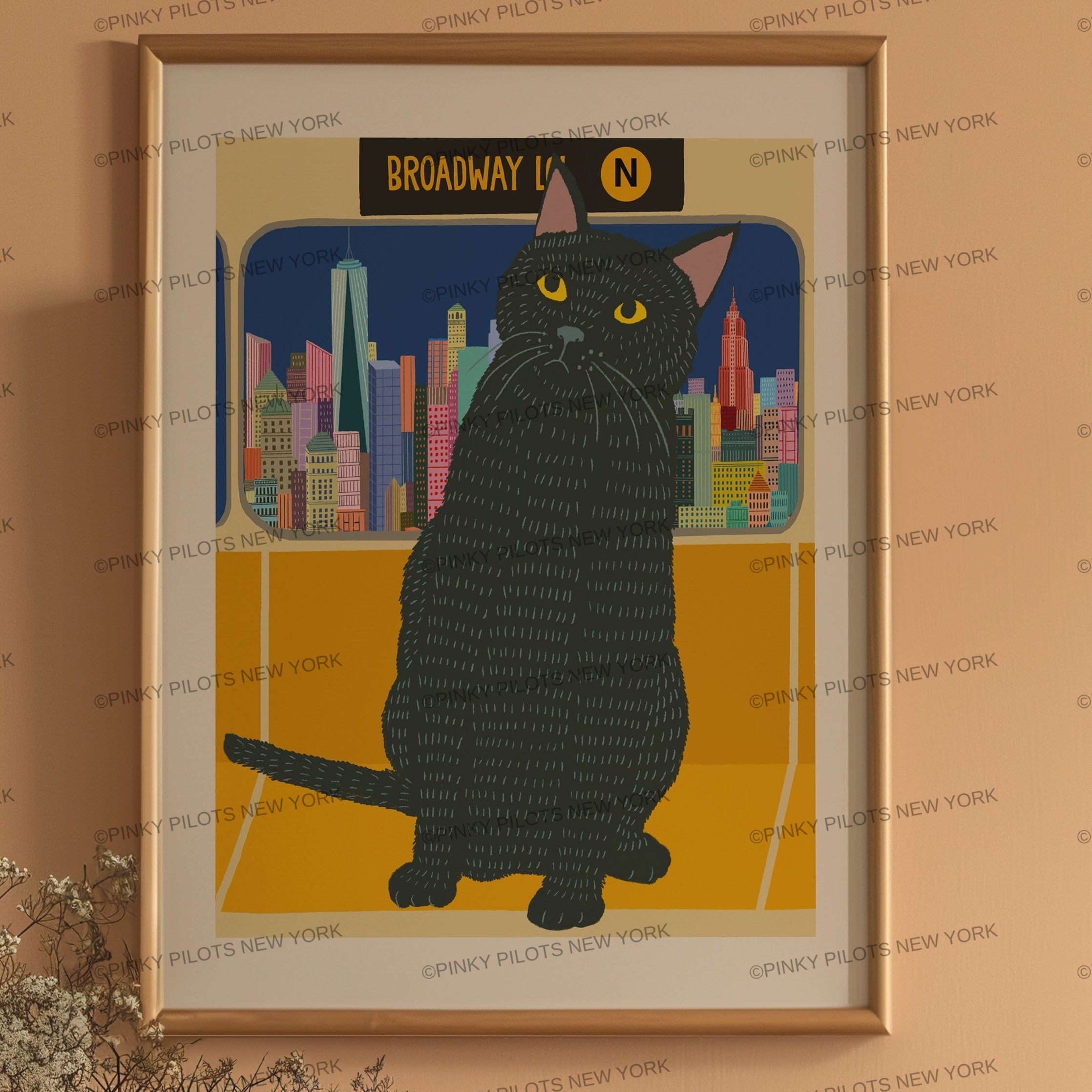 Cat on the Subway /black Cat art print/cat illustration