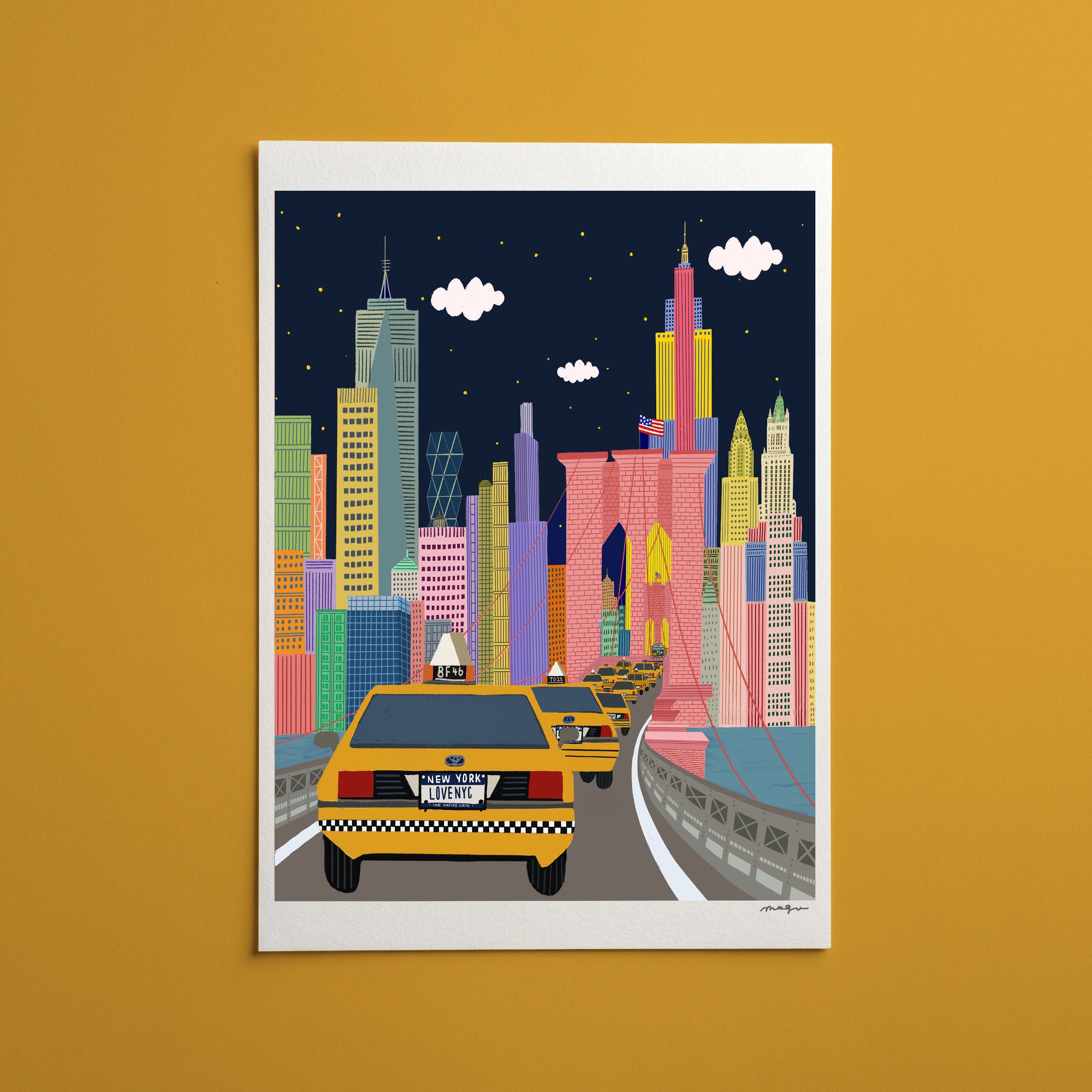 NYC TAXI Art print / Brooklyn brige art print/New York illustration