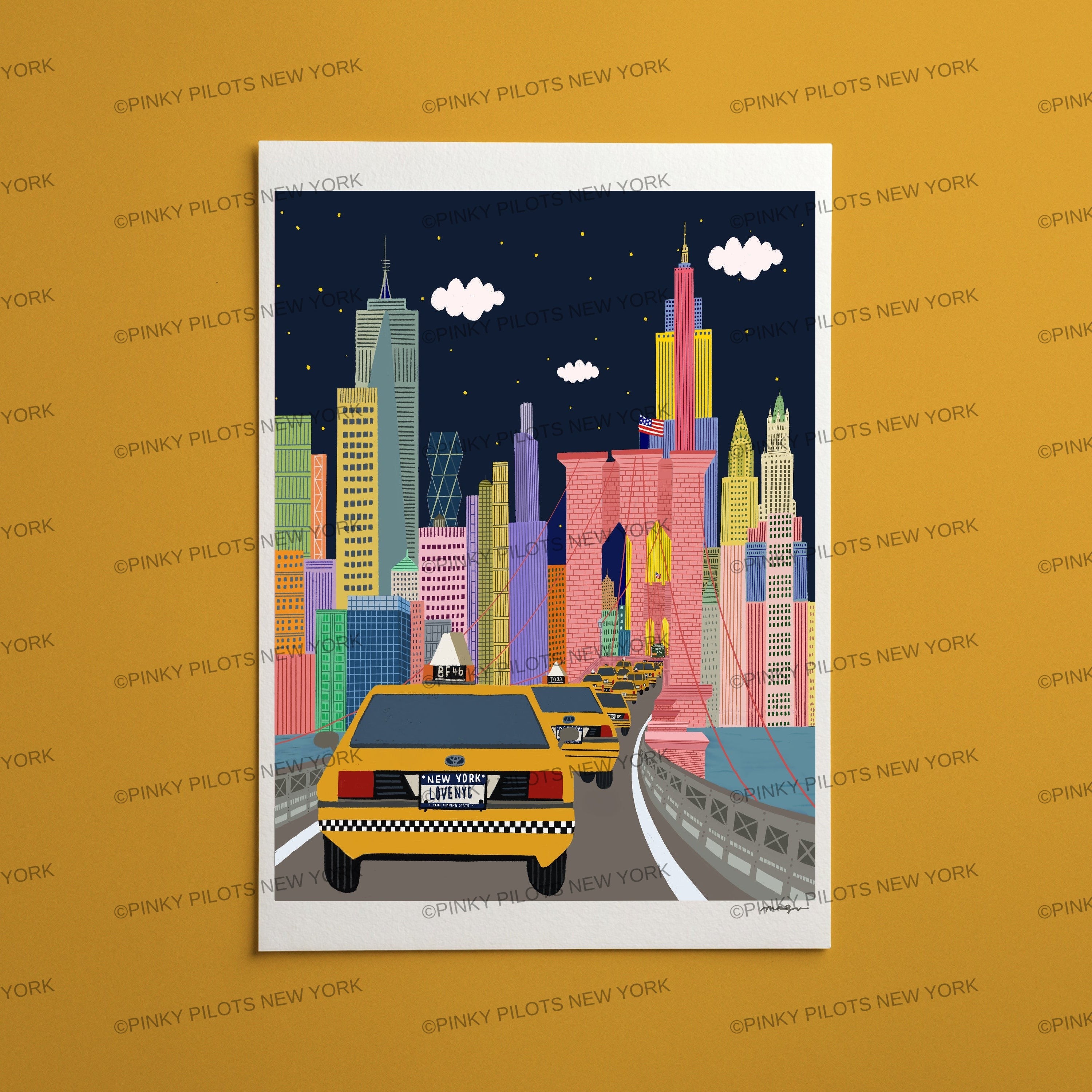 NYC TAXI Art print / Brooklyn brige art print/New York illustration