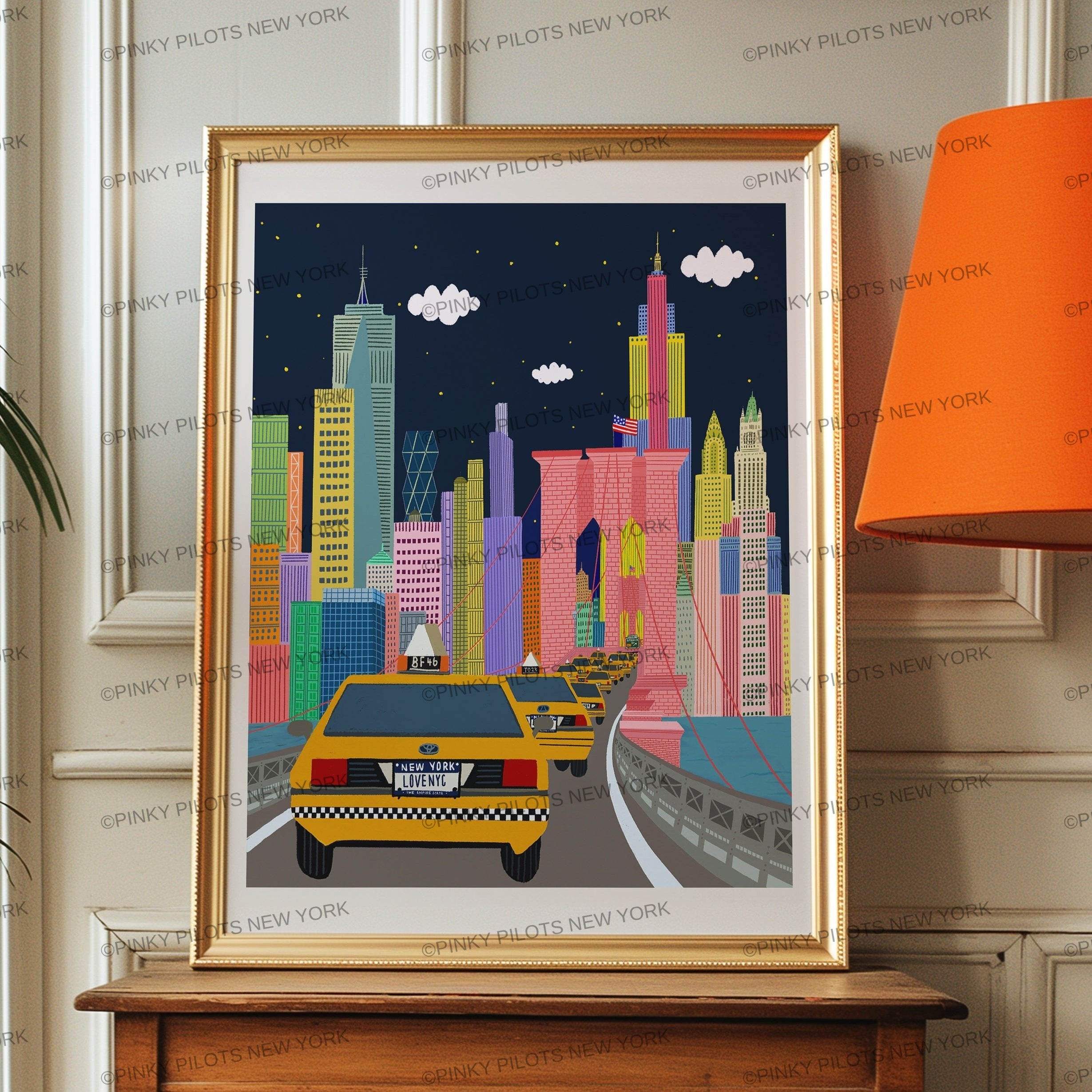 NYC TAXI Art print / Brooklyn brige art print/New York illustration