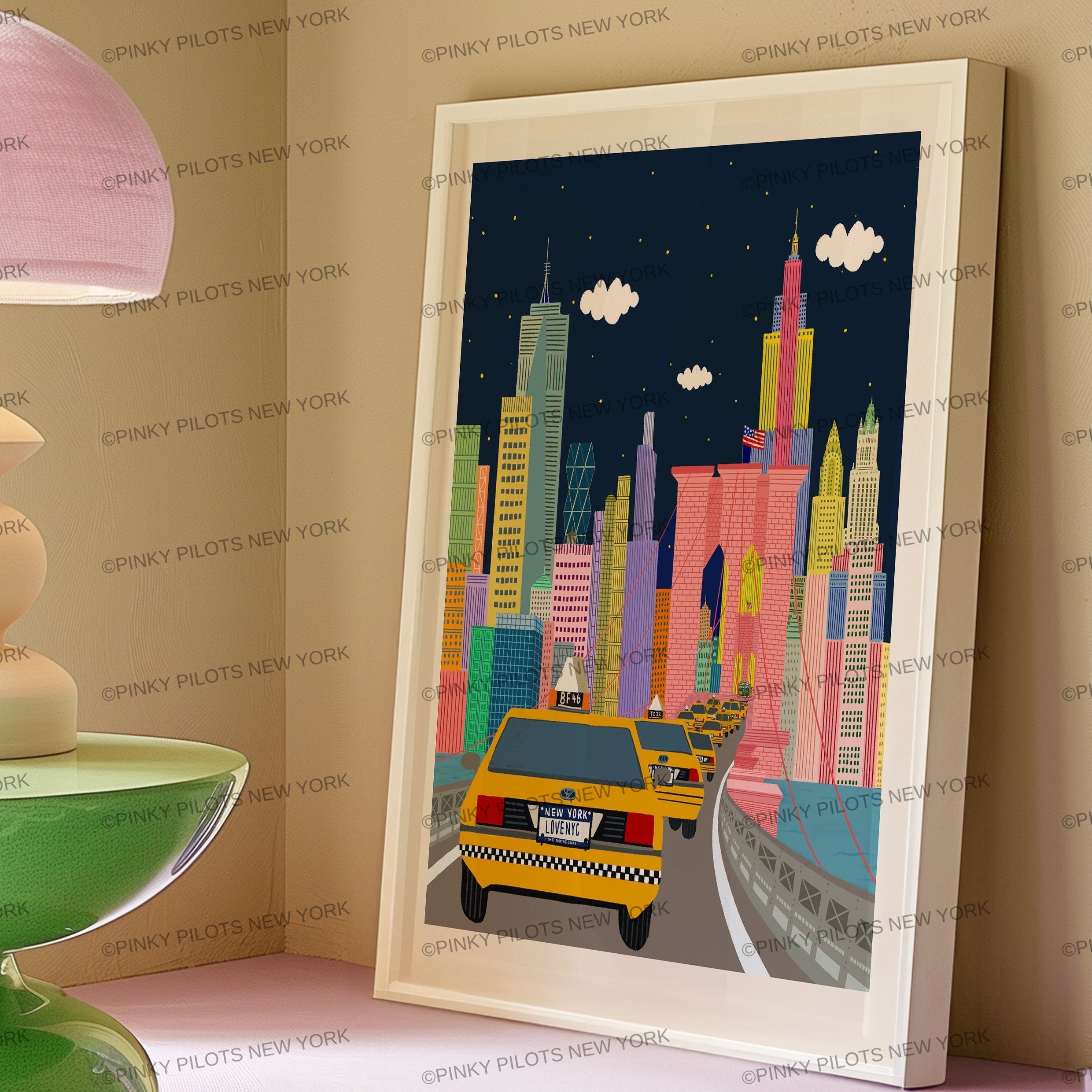 NYC TAXI Art print / Brooklyn brige art print/New York illustration