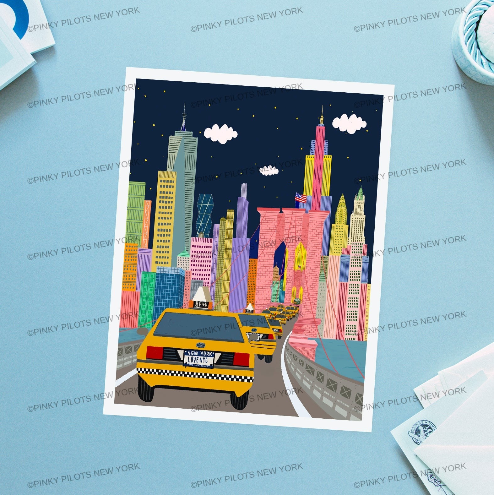 NYC TAXI Art print / Brooklyn brige art print/New York illustration