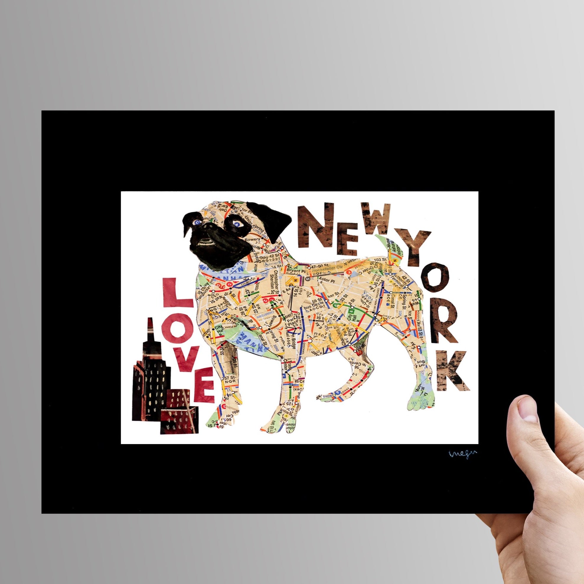 Map dog love Pug/ Pug dog Art