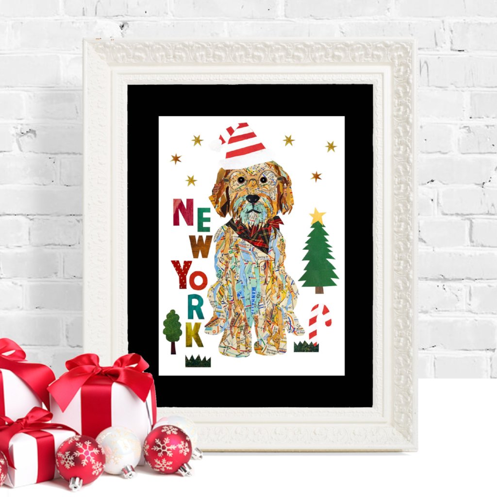 Holiday map dog art/doodle santa