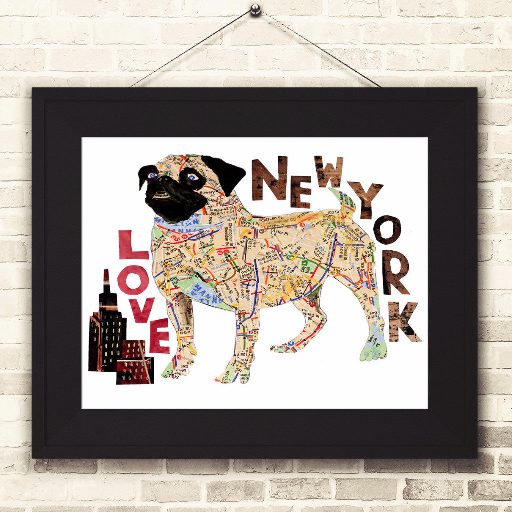 Map dog love Pug/ Pug dog Art