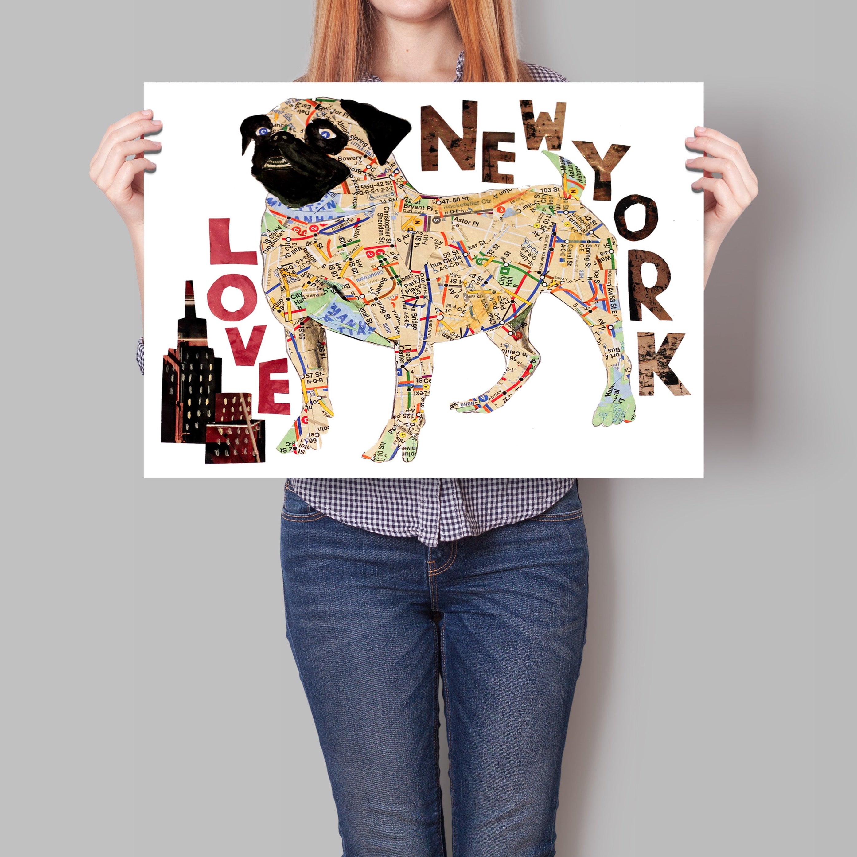 Map dog love Pug/ Pug dog Art