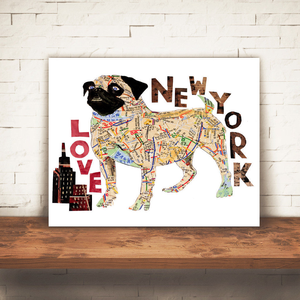 Map dog love Pug/ Pug dog Art
